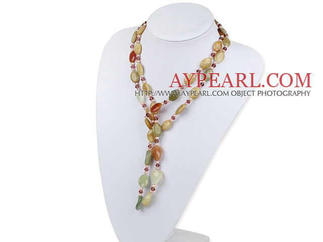 Elegant Long Style Freshwater Pearl Crystal And Three-Colored Jade Necklace, Y Shape Sweater Necklace
