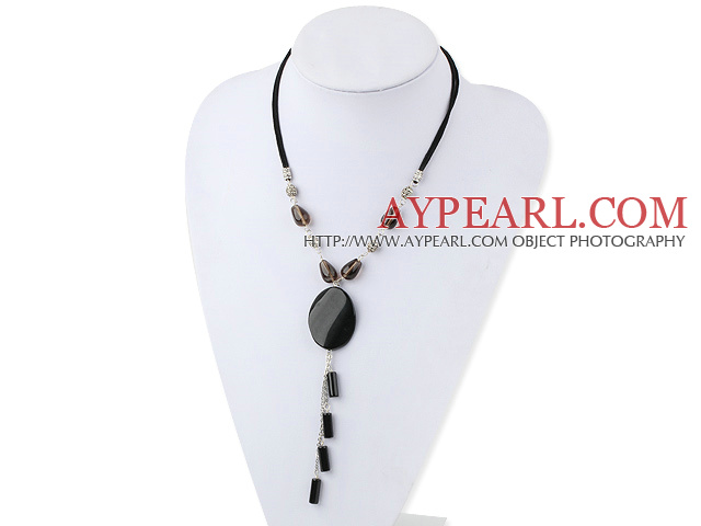 Lovely Teardrop Smoky Quartz And Cylinder Black Agate Pendant Necklace With Black Cords