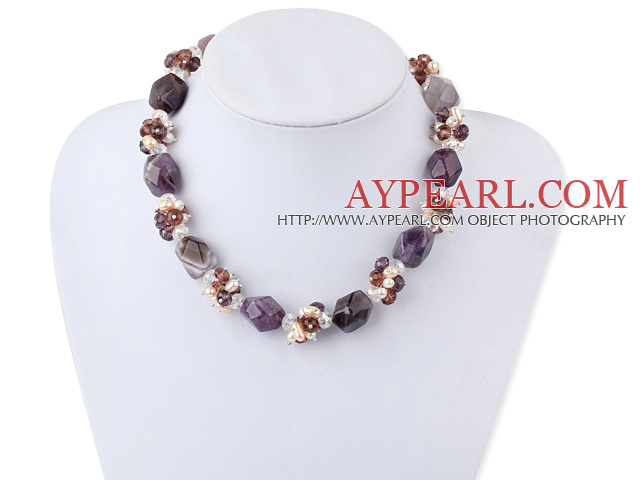 Fashion Freshwater Pearl Wine Red Crystal And Thick Amethyst Stone Necklace With Magnetic Clasp