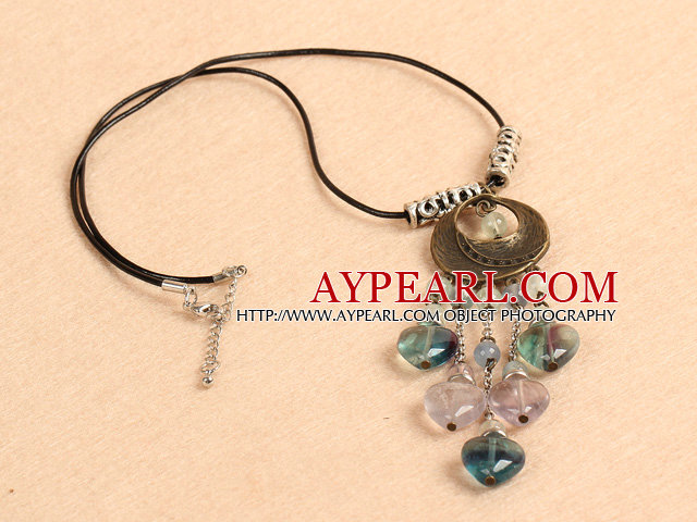 Simple Retro Style Beautiful Heart Shape Rainbow Fluorite Tassel Pendant Necklace With Black Leather