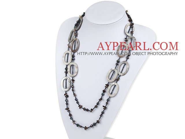 fashion long style black pearl and smoky quartze necklace