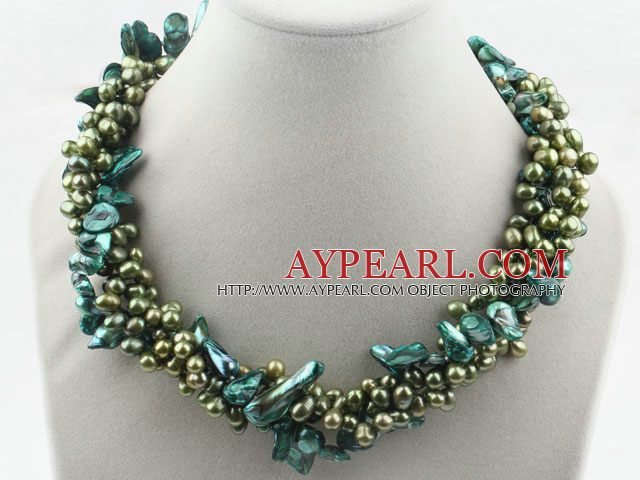 Multi Strands Dyed Green Freshwater Pearl and Teeth Shape Green Pearl Twisted Necklace