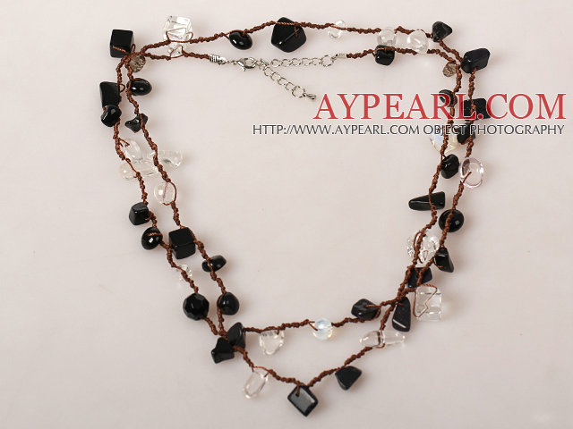 Long στυλ σαφείς Crystal και μαύρο Agate χέρι κόμπους κολιέ 