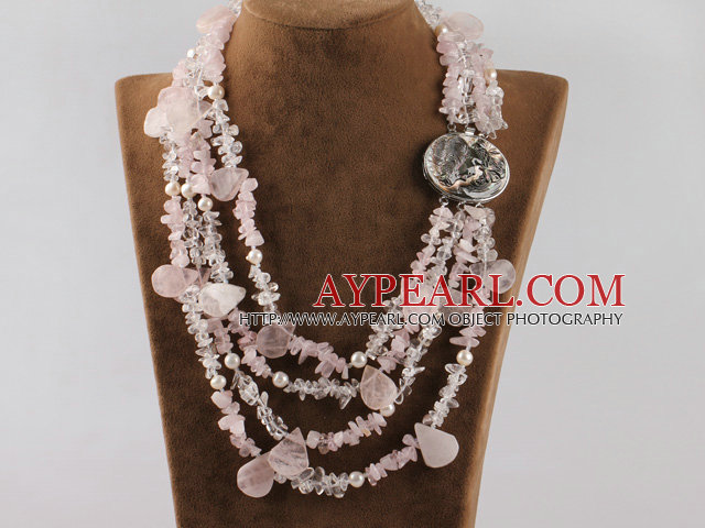 multi strand white pearl and rose quartze necklace with abalone clasp