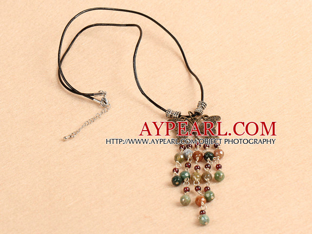 Simple Retro Style Garnet Indian Agate Tassel Pendant Necklace With Black Leather & Butterfly Accessory