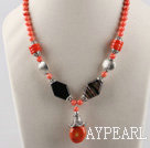 Fashion Round Disc Shape Red Coral And Rhombus Black Lined Agate Pendant Necklace