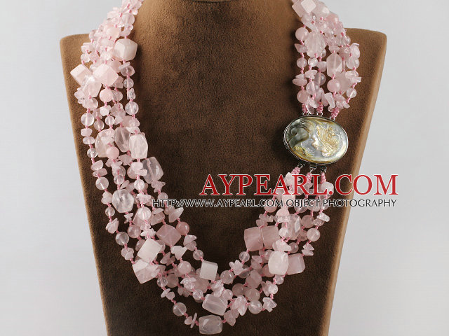 multi strand rose quartze necklace with gem clasp