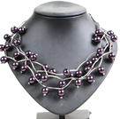 Trendy Style Multi Strand Deep Purple Seashell Beads Twisted Necklace With Bending Alloyed Tube