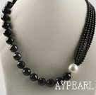 faceted black agate and white sea shell bead necklace with magnetic clasp