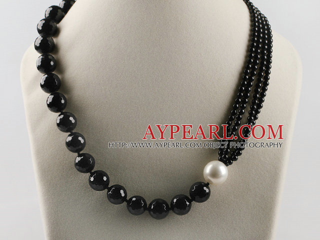 faceted black agate and white sea shell bead necklace with magnetic clasp