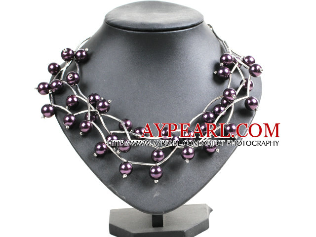 Trendy Style Multi Strand Deep Purple Seashell Beads Twisted Necklace With Bending Alloyed Tube