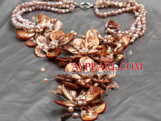 Collier surdimensionné surdimensionné Aamzing Exaggerate Brown perles d'eau douce et Shell Flower