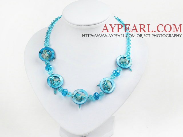 blue crystal and shell necklace with lobster clasp