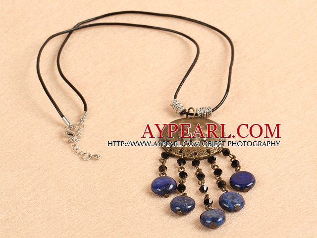 Lapis rondes Collier Simple Style rétro Cristal Noir plat Tassel Pendentif en cuir noir