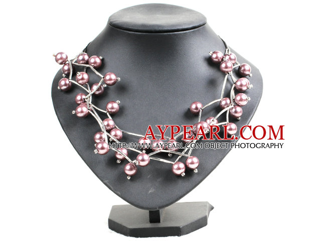 Trendy Style Multi Strand Puce Seashell Beads Twisted Necklace With Bending Alloyed Tube