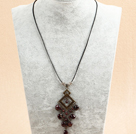 Simple Retro Style Chandelier Shape Garnet Beads Tassel Pendant Necklace With Black Leather
