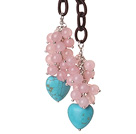Wholesale New Long Style Assorted Pink Jade Beads with Heart Shape Turquoise Necklace and Leather Chain