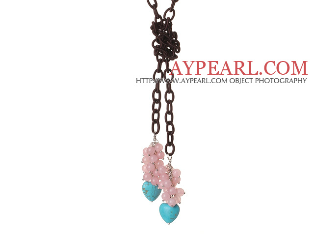 New Long Style Assorted Pink Jade Beads with Heart Shape Turquoise Necklace and Leather Chain