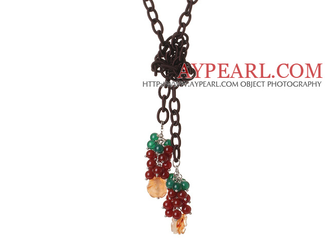 New Long Style Assorted Red and Green Agate Beads Necklace with Leather Chain