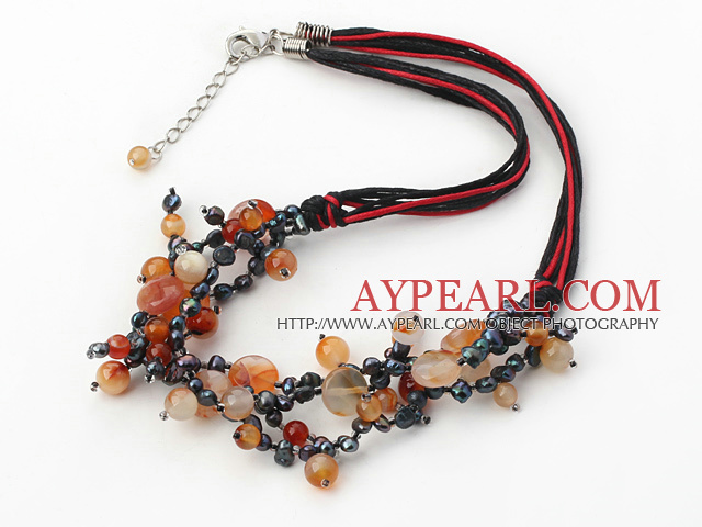 schwarze Perle und Achat Halskette mit ausziehbarer Kette