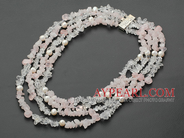 multi cristal blanc et rose Collier brin quartze