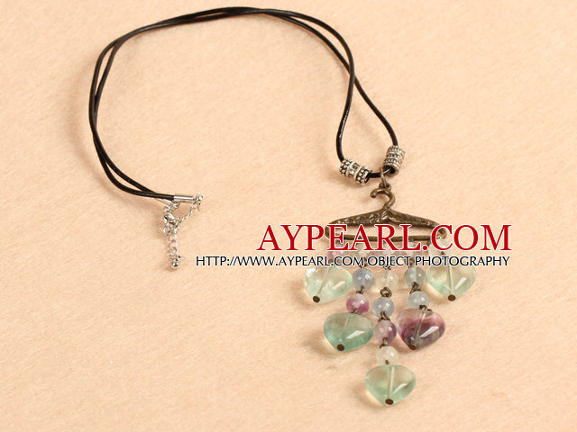 Simple Retro Style Hear Shape Rainbow Fluorite Pendant Necklace With Black Leather and Clothes Rack Accessory