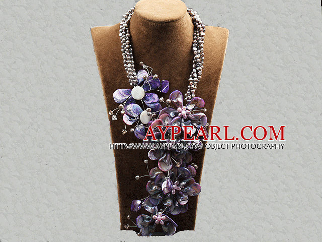 Aamzing drive Purple Freshwater Pearl og Shell Flower Oversized Statement Necklace