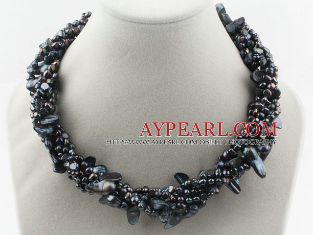 Multi Strands Black Freshwater Pearl and Teeth Shape Black Pearl Twisted Necklace