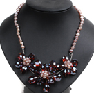Gorgeous Party Style Natural Purple Freshwater Pearl Wine Red Crystal Flower Bib Necklace