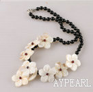 black agate and white shell flower necklace