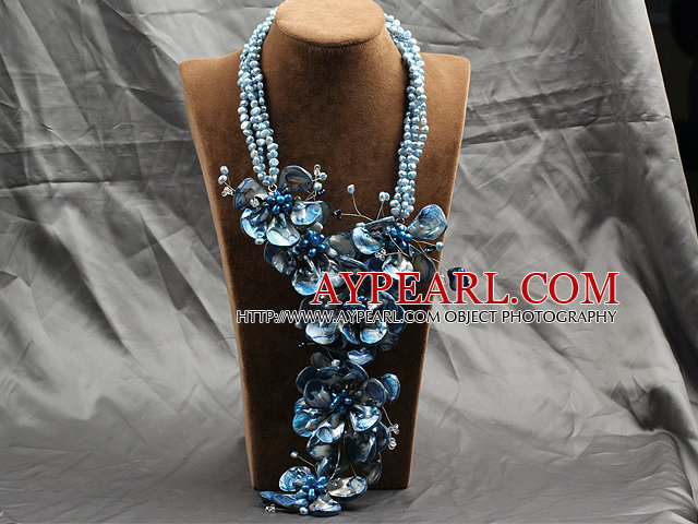 Aamzing Exaggerate Blue Freshwater Pearl and Shell Flower Oversized Statement Necklace