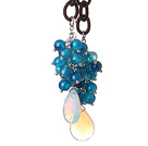 Nouveau style long Assorti Bleu Agate collier de perles avec en forme de goutte d'Opale et de la chaîne de cuir