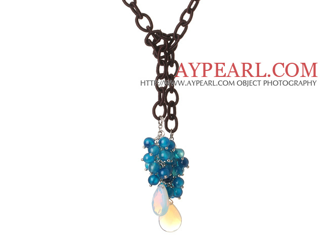 Νέα Long Style Ποικιλία Μπλε Agate χάντρες κολιέ με την πτώση σχήμα Opal και Αλυσίδα Δέρμα