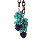 New Long Style Assorted Turquoise Beads and Heart Shape Lapis Necklace with Leather Chain