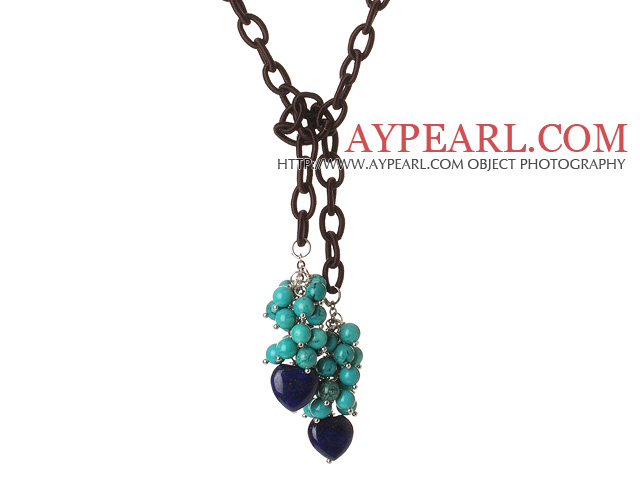 New lange Art Assorted Türkis Perlen und Herz-Form Lapis Halskette mit Leder-Kette