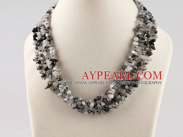 black rutilated quartz chips necklace with gem clasp