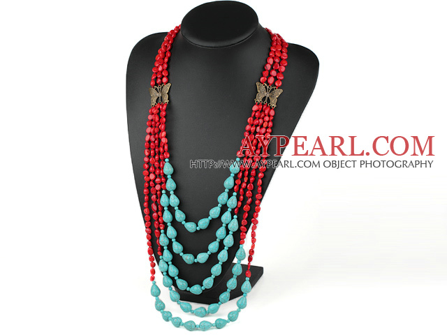 multi strand red coral and turquoise necklace