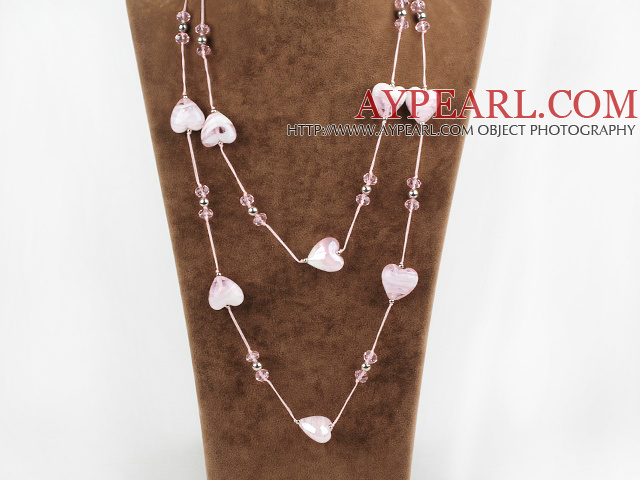 fashion jewelry pink crystal and colored glaze heart necklace with metal chain