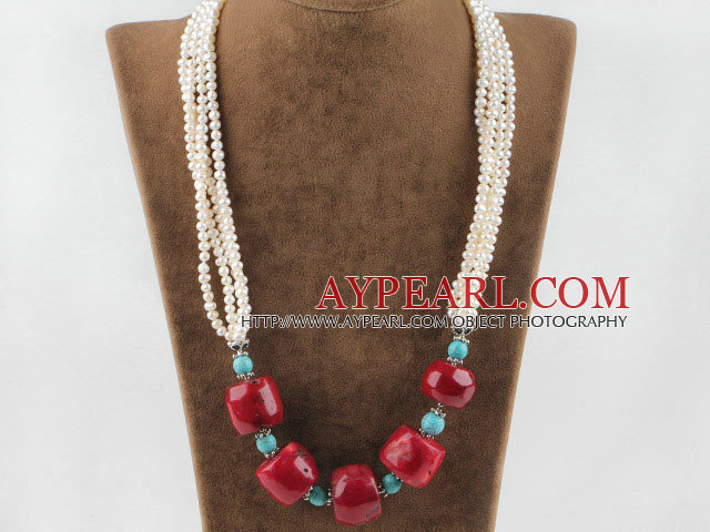 21.7 inches fashion style white pearl turquoise and red coral necklace