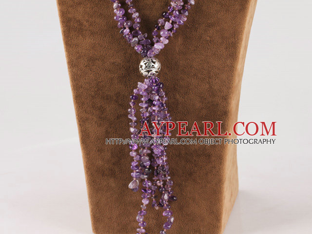 Multi Strand Amethyst Chips Y Shape Tassel Neklace