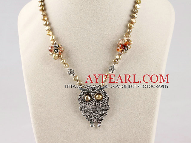 popular brown pearl and owl pendant necklace