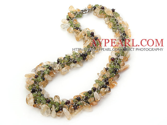 Yellow and Green Series Citrine and Garnet and Olivine Necklace with Metal Chain