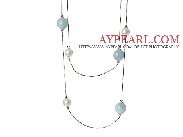 Κομψό Long Style White Round Seasehll και Aquamarine σφαιρίδια κολιέ