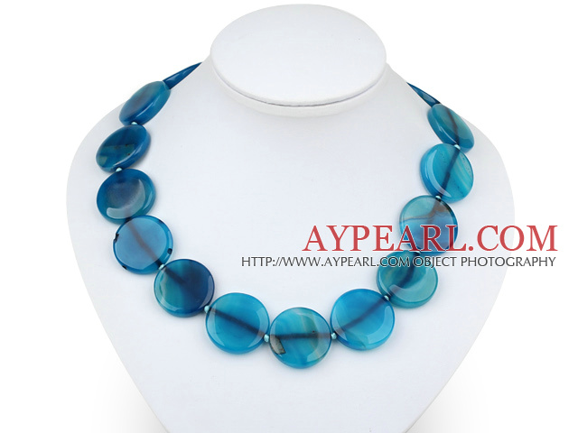 Beautiful 25Mm Flat Round Blue Agate Beaded Strand Necklace With Toggle Clasp