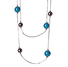 Elegant Long Style Round Black Seashell and Blue Agate Beads Necklace