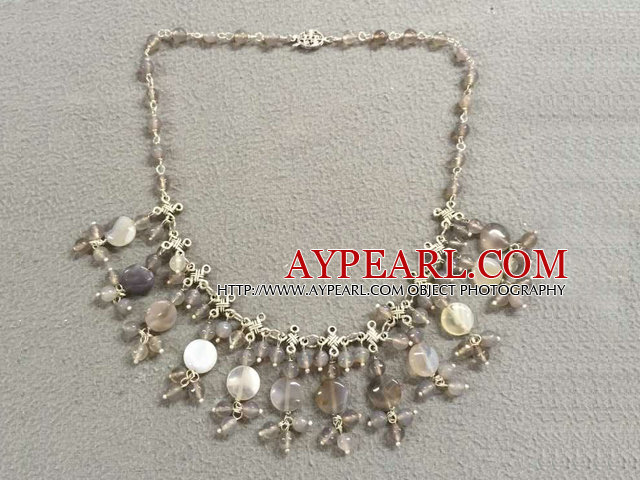 Popular New Design Gray Series Agate Bib Necklace With Small Alloyed Chinese Knot