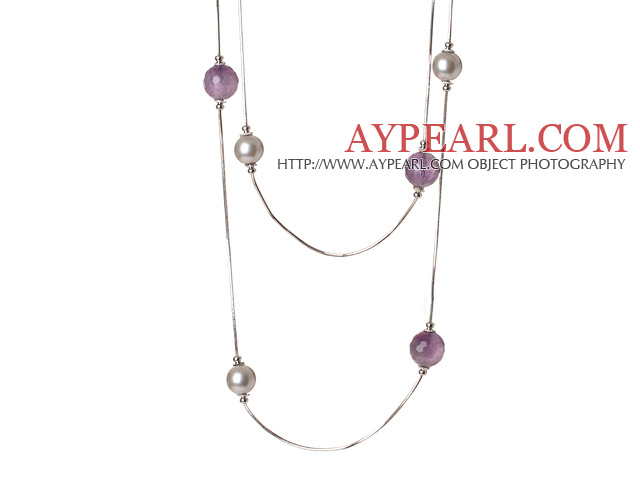 Elegante lange Art Round Grau Seasehll und facettierte Amethyst Perlen Halskette