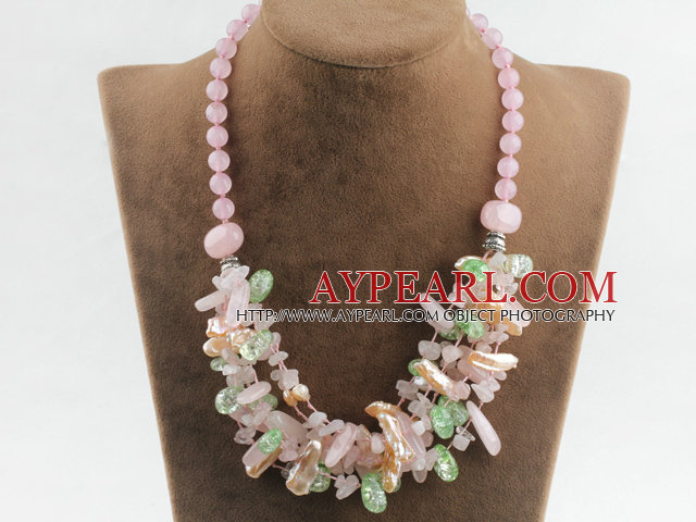 gorgeous Biwa pearl crystal and rose quartze necklace