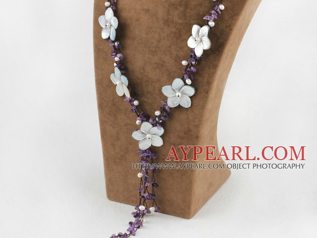 Y Shape Amethyst og White Pearl Shell Flower halskjede