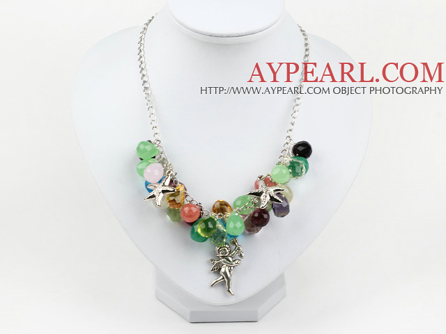 multi color crystal necklace with metal chain
